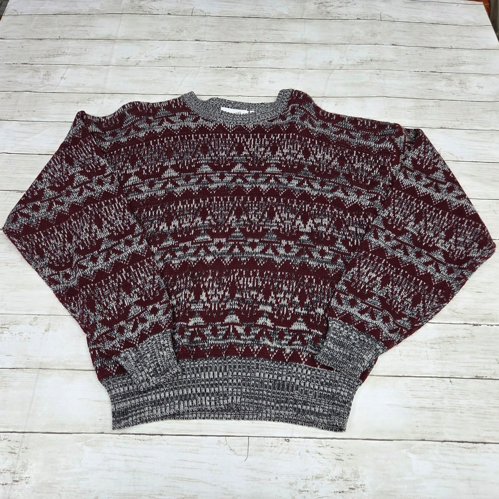 New Accents Sweater Mens M Burgundy Grey Fair Isle Geometric Knit Vintage